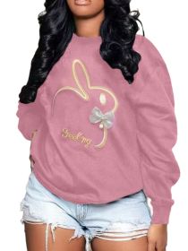Plus Size Embroidery O Neck Long Sleeve Sweatshirts Top (Color: Pink, size: XXL)